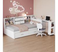 Bladez Sofá cama de madera 90 × 200 cm - Cama multifunción con mucho espacio de almacenamiento, 2 cajones grandes, escritorio extensible, USB y enchufe, cama individual para adolescentes, cama de