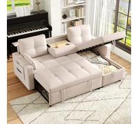 Bladez Sofá cama esquinero extensible en forma de L de lino, chaise longue con espacio de almacenamiento, portavasos deslizante, sofá modular de 3 plazas para salón, color beige