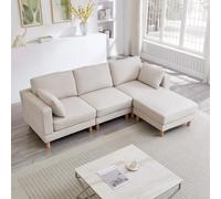 Bladez Sofá de esquina nórdico de 3 plazas con taburete, 235 × 152 × 78 cm, en forma de L, color beige de poliéster y patas de madera maciza, para salón moderno