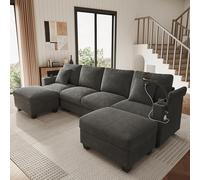 Bladez Sofá modular de pana en forma de U con función de dormir y soporte para teléfono móvil giratorio 360°, 2 soportes para bebidas y compartimentos de almacenamiento en reposabrazos, 275,5 × 139 ×