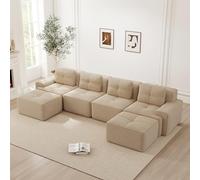 Bladez Sofá rinconera Modular en U de 4 plazas de Pana con 3 pufs, Beige | Sofá rinconera modular con 32D, asiento profundo de 74 cm, reposabrazos anchos y base antideslizante para salón