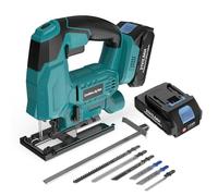 blayram Sierra de calar compatible con Makita 18V, sierras de calar eléctricas con 2 * 2,0 Ah y 6 hojas de sierra, 6 velocidad variable, Corte -45º a 45º para madera, metal, plástico y contrachapado