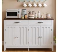 Blishom 140cm Aparador de Cocina con 2 Cajones y 4 Puertas Retro | Mueble auxiliar tipo buffet, acabado blanco y efecto madera, para comedor, salón y recibidor