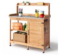 Blishom Mesa de Jardinería, Mesa para Plantas, Mesa de Trabajo de Jardín de Madera Maciza con Encimera, Estante Ajustable y Armario, Balcón, Terraza, 112x46x125 cm (Natural)