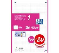 Oxford Recambio 5 Fucsia 100+20 Hojas DIN-A4 4 taladros 90g Cuadros 5x5mm