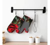 Blooming Red Rose - Juego de 2 guantes de cocina de silicona suave, resistentes al calor, impermeables, forro de algodón grueso, guantes de cocina antideslizantes para hornear a la parrilla