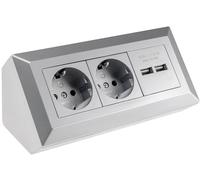 Bloque de enchufes de 2 vías + 2x USB, USB 5V=, ángulo de 45° para enchufar fácilmente, montaje en superficie, color plata