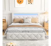 BLSYHDH Cama con Cajón 140x200 con LED, Cama Acolchada con Cajón Cama Acolchada LED Hidráulica Cama Tapizada con Cajón Cama de 2 Plazas LED (Beige, 140x200)