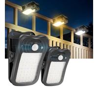 BlueYu Luz Solar Exterior con Pinza - Lámparas Solares con Sensor de Movimiento, 800LM Foco Solar 3 Modos & 3 Colores, Luces Solares con USB y Control Remoto Impermeable para Valla Jardines (2 Piezas)