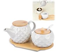 BlyeMichdi Juego de Cerámica para Leche y Azúcar Blanca, 220ml Azucarero con Tapa y Cuchara, 355ml Jarra de Leche con Tapa, con Bandeja de Madera, Apto para Microondas y Lavavajillas (C)