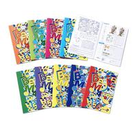 BM BeMore Kids Maxi cuadernos A4 - 10 F, cuadrícula de 10 mm con margen para 1er grado - Juego de 10 unidades con tapas de colores y 4 páginas de juegos - Papel de 100 g