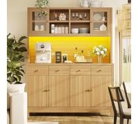 BNUZ Armario buffet alto 140 x 40 x 180 cm, con puertas de cristal y 4 cajones, estantes ajustables, aspecto de madera natural, soporta hasta 100 kg