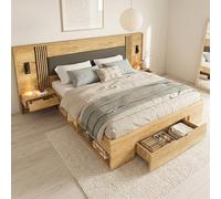 BNUZ Cama doble de 180 x 200 cm, con almacenamiento, cama juvenil, con 2 mesitas de noche, con cajones, incluye colchón, color natural