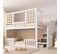 BNUZ Litera de 90 x 200 cm, color blanco, estilo cabaña, ventanas de madera, armario para escaleras, cuna con 2 superficies, somier incluido, sin colchón