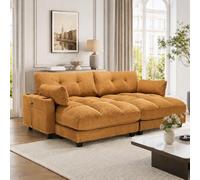 BNUZ Sofá de pana de 2 plazas, color amarillo mostaza, divisible en 2 asientos individuales, con 2 almohadas, 4 soportes para bebidas, 4 bolsillos laterales, para salón, dormitorio, estudio