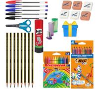 BOEMY Kit Escolar para todo el año, Listo para el Inicio del Cole: Gomas Milan, Lápices 2 HB, Pegamento Pritt y Colores Bic, Maped, Tijeras y Afiladores de Lapices Faibo. All in 1- El regreso a Clase