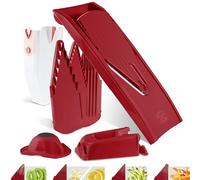 Börner Cortador de Verduras V1 (Set Profesional) • Mandolina en V con 4 Insertos, Protector, Base y Caja de Almacenamiento • Ajustable para cortar en Rodajas, Tiras y Cubos • Color: Rojo