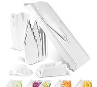 Börner V3 TrendLine Mandolina - Set Profesional - Con 4 Insertos - Blanco | Con Empujador & 4 Insertos & Soporte & Caja - 3 Grosores - Bastones & Dados en 2 Tamaños - Cuchillas Inox - Sin BPA