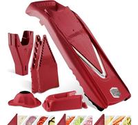 Börner V5 PowerLine Mandolina - Set Profesional - Con Soporte - Rojo | Con 3 Insertos & Empujador & Caja - 10 Tipos de Corte - Bastones & Dados en 4 Tamaños - Sin BPA - Made in Germany