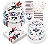 BOIKOKY Decoraciones de fiesta de cumpleaños, 120 piezas de suministros de jet militar, incluye platos de papel, servilletas y vasos