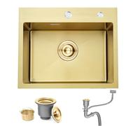 Bokaiya Fregadero de Cocina Oro, 1 Lavabo Empotrado Acero Inoxidable, Oro, Rectangular, Para Empotrar Fregadero de Cocina Individual 55x45x20cm