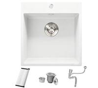 Bokaiya Fregadero Granito Blanco 48x50cm, Pequeño Fregadero de Barra Húmeda, Sobre encimera al mueble 30cm, Minilavabo de Cocina para Exteriores, para RV, con Rebosadero, Rejilla Enrollable y Sifón