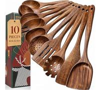 BOKALAKA Juego de 10 utensilios de cocina de madera de teca natural, espátulas y cucharas para cocinar