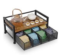 BOKIOVIN Soporte Metálico para Bolsitas de Té con 8 Compartimentos,Caja Te Organizador de Infusiones con Cajón,Negro