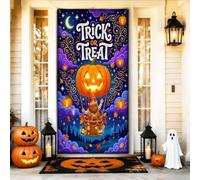 Bolas de aire caliente con diseño de calabazas de gnomo de Halloween, 36 x | Ilustración fantástica, pancarta de puerta delantera, tema vibrante de horizonte nocturno, decoración de porche de temporada