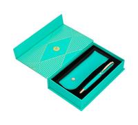 BOLIGRAFO Y ESTUCHE BELIUS SOIREE COLOR ART DECO TURQUESA Y DORADO TINTA AZUL CAJA DE DISEÐO