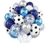 Bolosa Paquete de 30 globos de fútbol, globos de látex azul, blanco y plateado, estampado de fútbol, juego de globos metálicos y confeti, decoraciones de cumpleaños de fútbol para niños, fiesta del