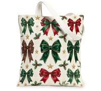 Bolsa de lona con diseño de lazos navideños festivos, 33 x 38 cm | Diseño de cinta festiva, detalles de estrella dorada, patrón tradicional de invierno, textura de lino duradera