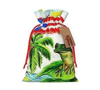 Bolsa de regalo con cordón, diseño de rana y palmeras con bandera de Puerto Rico, bolsa de regalo artística de tela de Navidad, encantadora bolsa de arpillera para todas las ocasiones