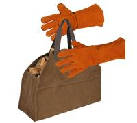 Bolsa para leña con guantes de cuero, extra grande