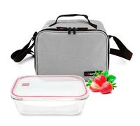 Bolsa Térmica Porta Alimentos con Táper de Cristal 840 ml - Lunch Bag Isotérmica Reutilizable con Asa y Correa Ajustable Mantiene la Comida Fresca y Segura para Trabajo, Oficina, o Playa, Gris