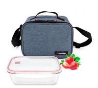 Bolsa Térmica Porta Alimentos con Táper de Cristal 840 ml - Lunch Bag Isotérmica Reutilizable con Asa y Correa Ajustable Mantiene la Comida Fresca y Segura para Trabajo, Oficina, o Playa, Azul