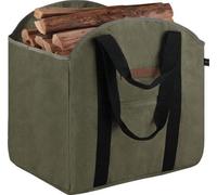 Bolsa Unyqoos® para leña, de pie, fabricada en lona encerada, impermeable, de gran tamaño (44 x 37 x 48 cm), con 2 correas acolchadas para el hombro y asa, color verde oliva, con extremos cerrados