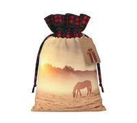 Bolsas de dulces de Navidad con estampado de caballos en pasto al sol, bolsas de cordón bloqueadas de color para fiestas de vacaciones, bolsas de aperitivos con cordón