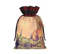 Bolsas de regalo de Navidad a cuadros de búfalo con etiquetas, bolsas de dulces de Navidad, bolsas pequeñas de regalo de Halloween, póster de cactus al atardecer