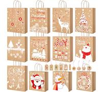 Bolsas de regalo de Navidad - Bolsas de papel para regalos de Navidad grandes con etiqueta de regalo, 12 piezas de bolsas de papel kraft para Navidad, bolsas de Navidad medianas con asa, juego de
