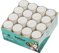 Bolsius Juego de 48 velas de té Sin perfume, en vasos transparentes Larga combustión de 8 horas, para cualquier estado de ánimo, cenas, fiestas, hogar, decoración, boda, manualidades.