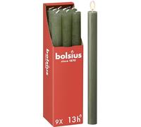 Bolsius - Juego de 9 velas rústicas - color verde oliva - longitud de la combustión - 13 horas- sin perfumar - cera vegetal natural - sin goteo - sin aceite de palma - 27 x 2,3 cm