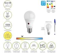 Bombilla led esfera con sensor crepuscular. rosca e27. 10.5 watt. equivale a 90 watt. 1055 lumenes. luz calida 3000º k.