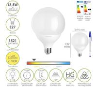Bombilla led esfera globo e27. 13,5 watt. equivale a 100 watt. 1521 lumenes. luz calida 3000º k.