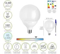 Bombilla led esfera globo e27. 13,5 watt. equivale a 100 watt. 1521 lumenes. luz fria 6500º k.