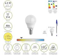Bombilla led esfera rosca e14. 6.5 watt. equivale a 50 watt. 806 lumenes. luz calida 2700º k.