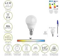 Bombilla led esfera rosca e14. 6.5 watt. equivale a 50 watt. 806 lumenes. luz neutra 4000º k.