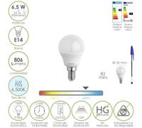 Bombilla led esfera rosca e14. 6.5 watt. equivale a 55 watt. 806 lumenes. luz fría 6500º k.