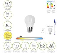 Bombilla led esfera rosca e27. 6.5 watt. equivale a 50 watt. 806 lumenes. luz calida 3000º k.