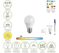 Bombilla led esferica rosca e27 4.5 watt. equivale a 55 watt. 470 lumenes. luz cálida (2700º k.)